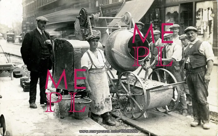 : Workmen with Early Cement Mixer, Unknown Location, England : Workmen with Early Cement Mixer, Unknown Location, England