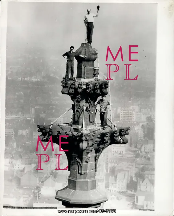: Workmen on lightning conductor, Cologne Cathedral : Workmen on lightning conductor, Cologne Cathedral