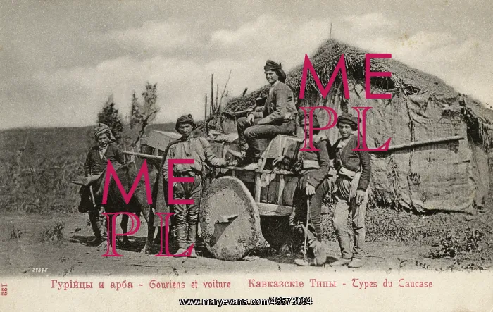 : Workmen and their wagon from Guria, Georgia - Solid wheels : Workmen and their wagon from Guria, Georgia - Solid wheels