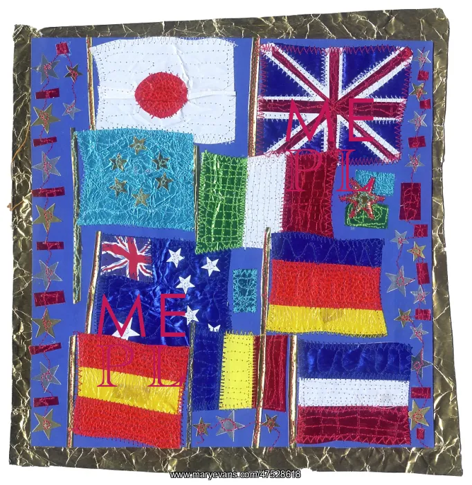 : Nine world flags on blue background with stars : Nine world flags on blue background with stars