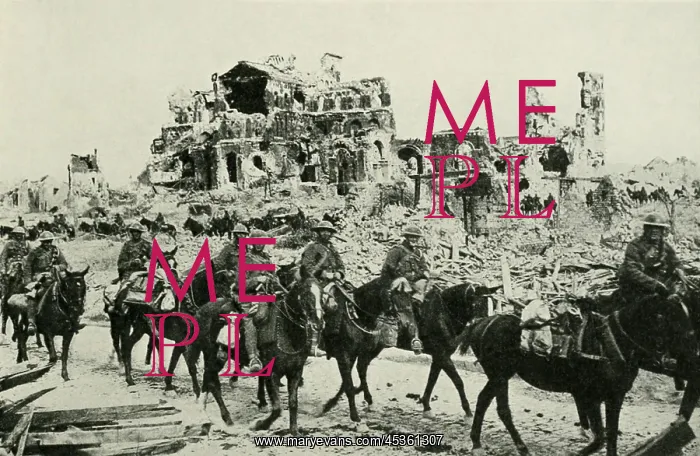 : World War 1. British Troops passing the ruins of : World War 1. British Troops passing the ruins of
