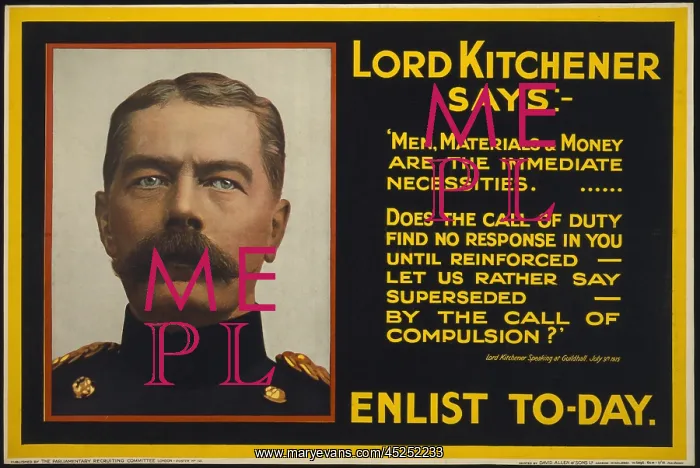 : World War 1. Recruiting poster showing British : World War 1. Recruiting poster showing British