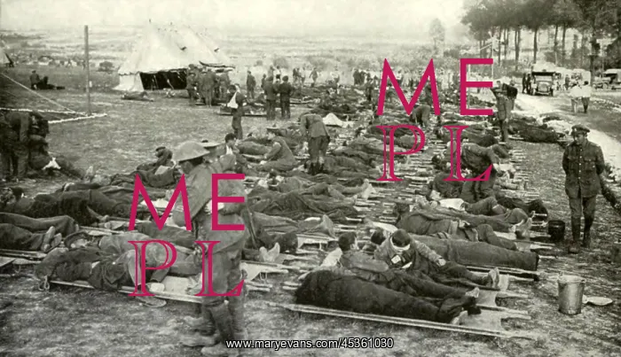 : World War 1. Somme Offensive. Rows of wounded men : World War 1. Somme Offensive. Rows of wounded men