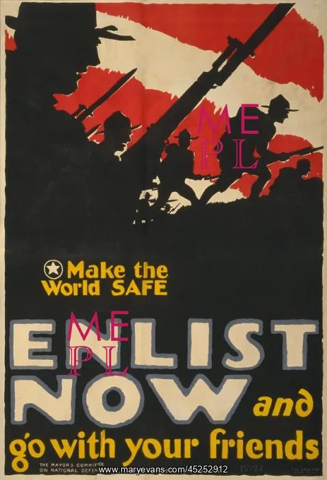: World War 1. U.S. recruiting poster shows troops : World War 1. U.S. recruiting poster shows troops