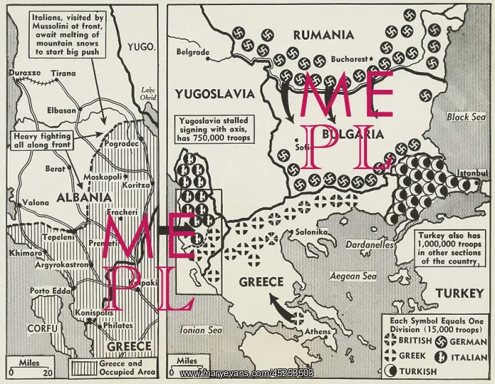 : World War 2 map of Greece and the Balkans in 1941 : World War 2 map of Greece and the Balkans in 1941