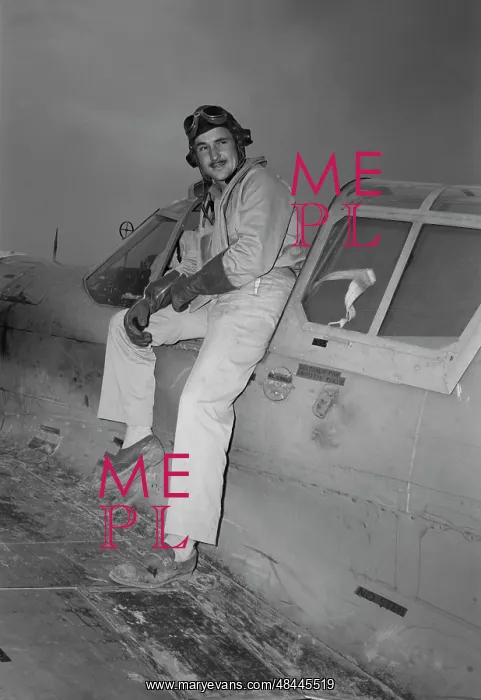 : World War II fighter pilot posing on aircraft, 1943 : World War II fighter pilot posing on aircraft, 1943