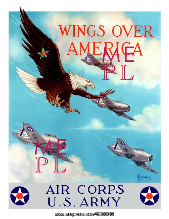 : World War II poster of a bald eagle flying : World War II poster of a bald eagle flying