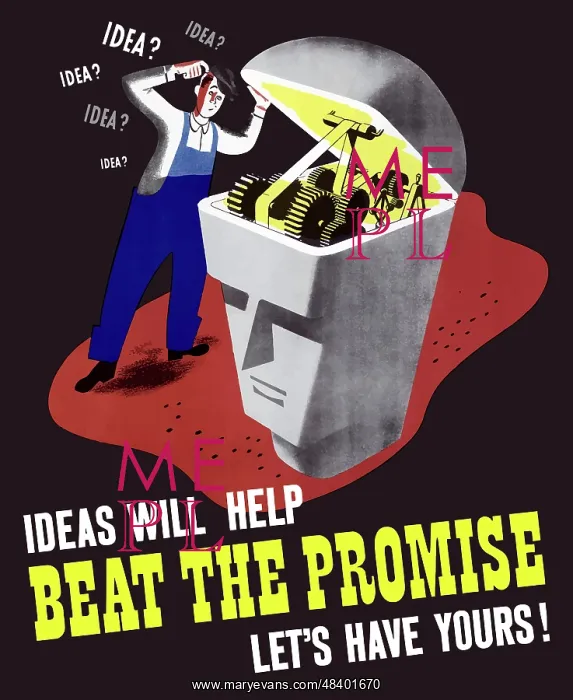 : World War II poster of a man inspecting the : World War II poster of a man inspecting the