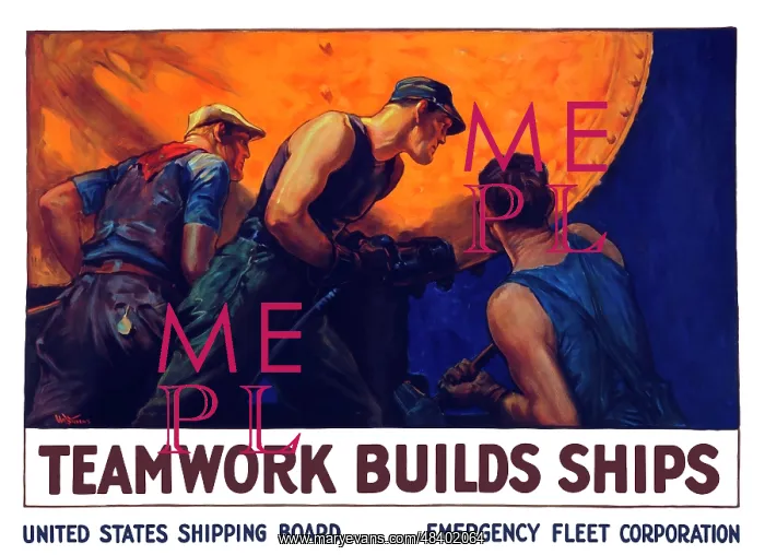 : World War II propaganda poster of a team of : World War II propaganda poster of a team of
