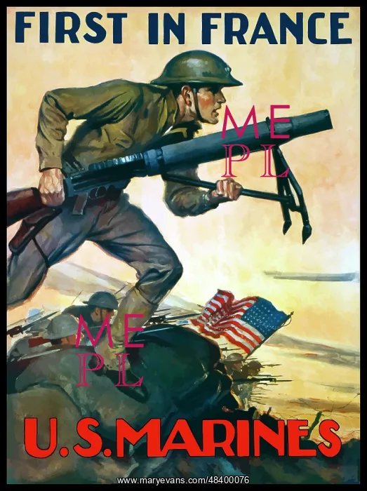 : World War One poster of Marines charging into : World War One poster of Marines charging into