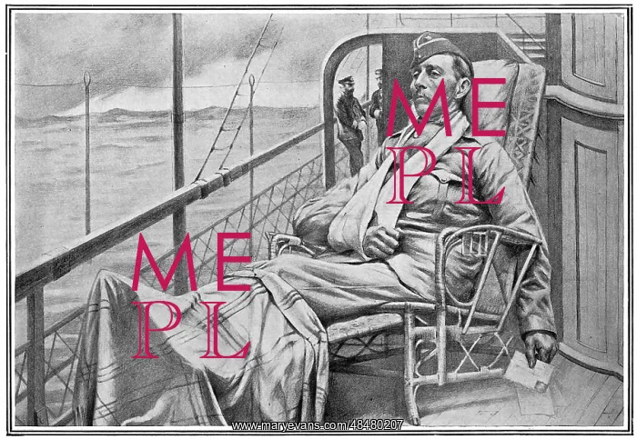 : A wounded British officer sitting on deck on his : A wounded British officer sitting on deck on his