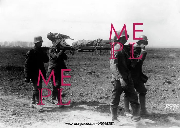: A wounded German soldier on a stretcher during the First Wor : A wounded German soldier on a stretcher during the First Wor