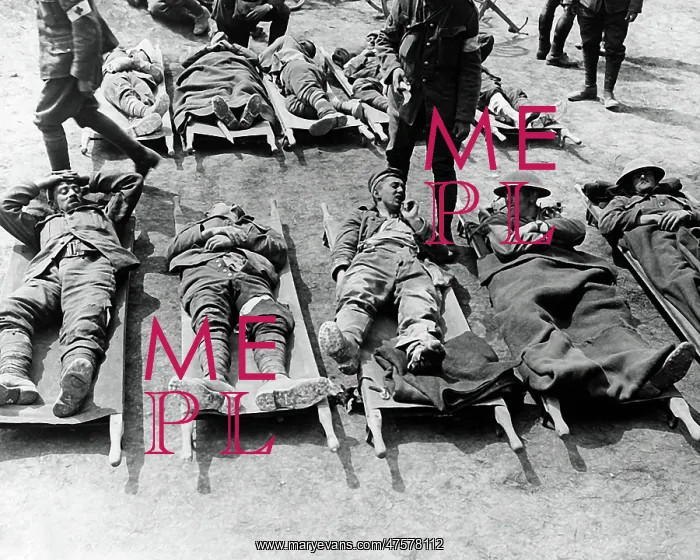 : Wounded men on stretchers, Western Front, WW1 : Wounded men on stretchers, Western Front, WW1