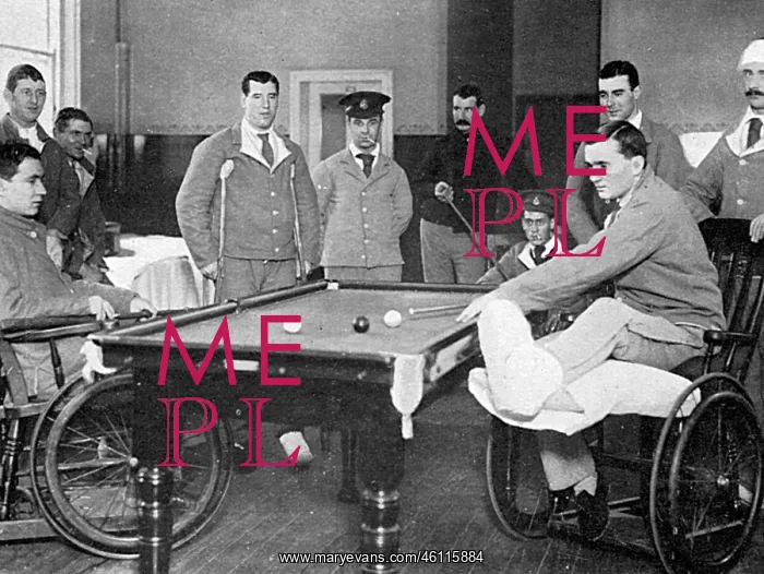 : Wounded soldiers playing billiards from invalid chairs, WW1 : Wounded soldiers playing billiards from invalid chairs, WW1