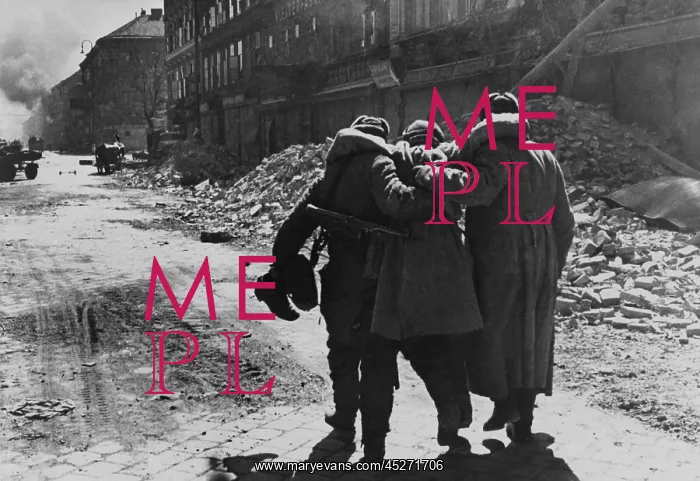 : Wounded Soviet (Russian) soldier helped by two : Wounded Soviet (Russian) soldier helped by two