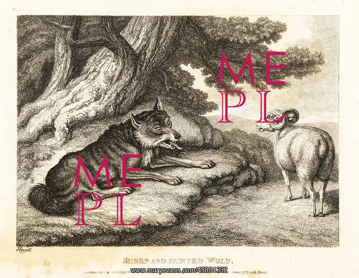 : A wounded wolf under a tree asks a sheep for water : A wounded wolf under a tree asks a sheep for water