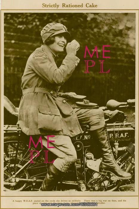 : WRAF on a motorcycle, having a tea break, WW1 : WRAF on a motorcycle, having a tea break, WW1