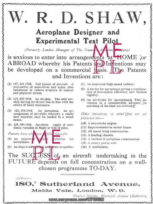 : W.R.D.Shaw. Aeroplane Designer & : W.R.D.Shaw. Aeroplane Designer &