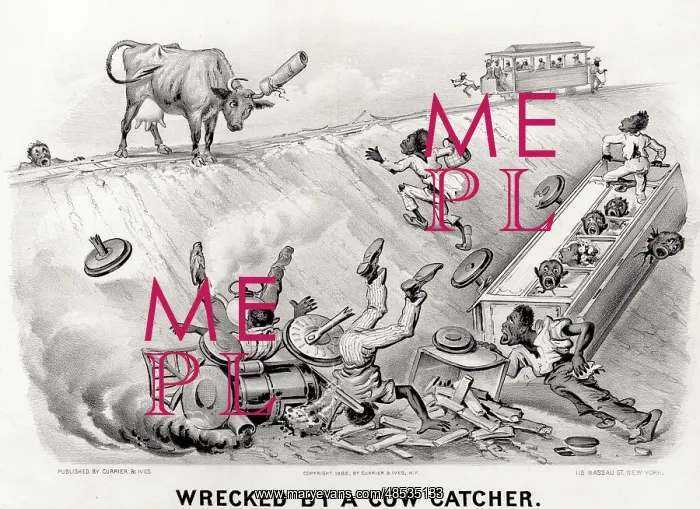 : Wrecked by a cow catcher, lithograph, circa 1885 : Wrecked by a cow catcher, lithograph, circa 1885