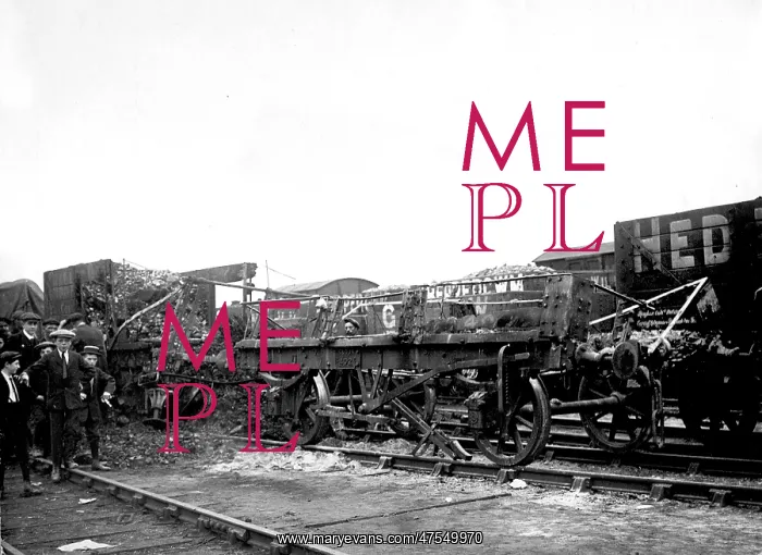 : Wrecked goods train, Llanelli railway strike riots, Wales : Wrecked goods train, Llanelli railway strike riots, Wales
