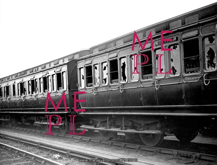 : Wrecked train, Llanelli railway strike riots, Wales : Wrecked train, Llanelli railway strike riots, Wales