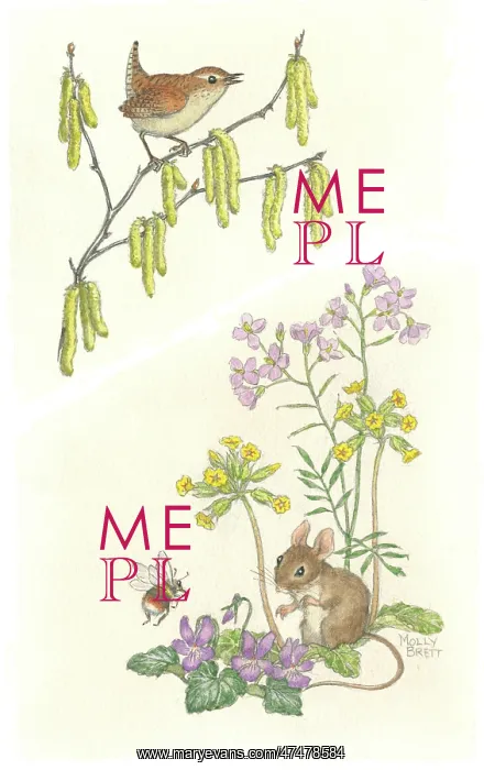 : Wren on branch with catkins, mouse and bee : Wren on branch with catkins, mouse and bee
