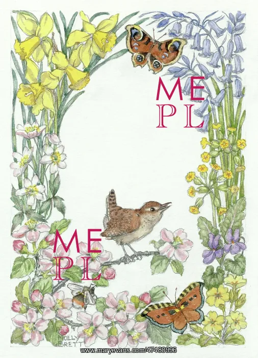 : Wren and two butterflies, with spring flowers : Wren and two butterflies, with spring flowers