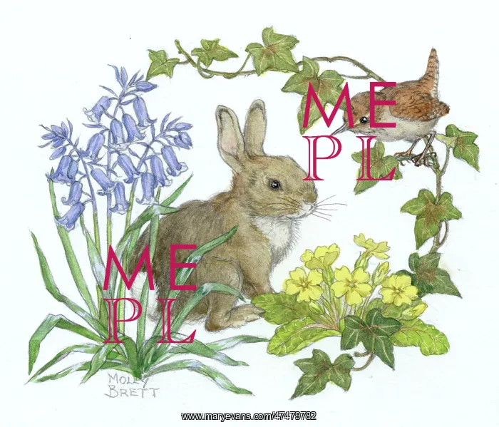 : Wren on ivy looking at a rabbit ' with flowers : Wren on ivy looking at a rabbit ' with flowers