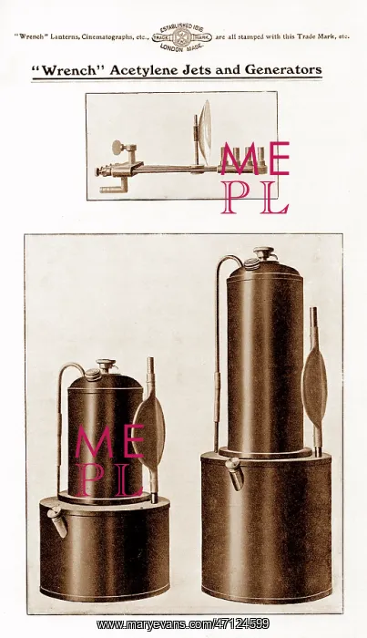 : Wrench acetylene jets and generator, magic lantern projector : Wrench acetylene jets and generator, magic lantern projector