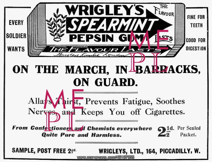 : Wrigley's Spearmint gum advertisement, WW1 : Wrigley's Spearmint gum advertisement, WW1