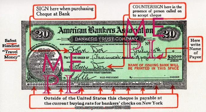 : Where to write on an American Traveller's Cheque : Where to write on an American Traveller's Cheque