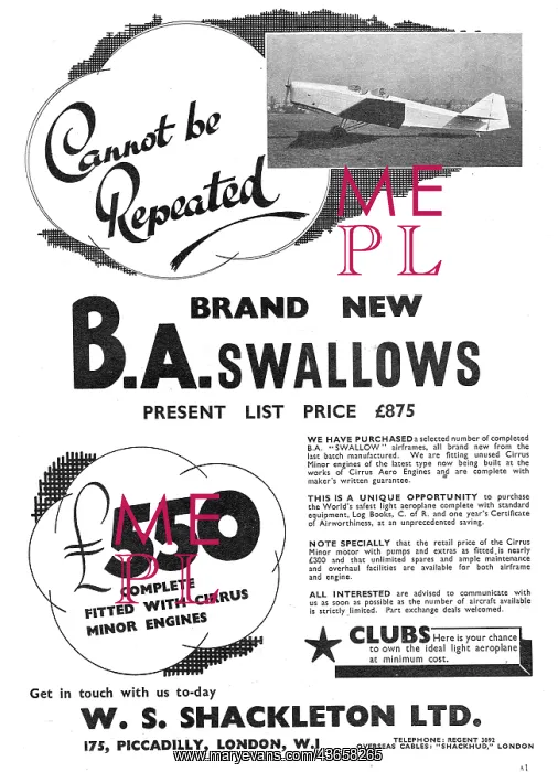 : W.S.Shackleton - Aircraft Sales: BA Swallows : W.S.Shackleton - Aircraft Sales: BA Swallows