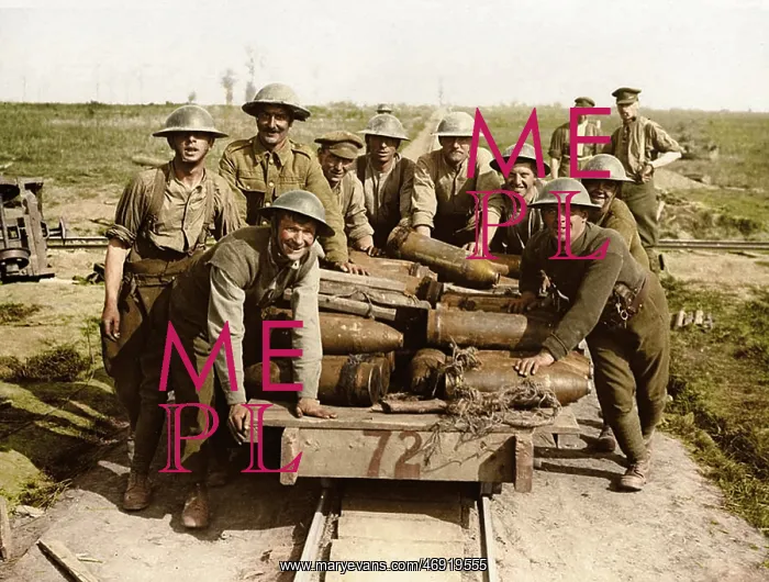 : WW1 100. WW1 - Royal Garrison Artillery gunners pushing a light railway : WW1 100. WW1 - Royal Garrison Artillery gunners pushing a light railway