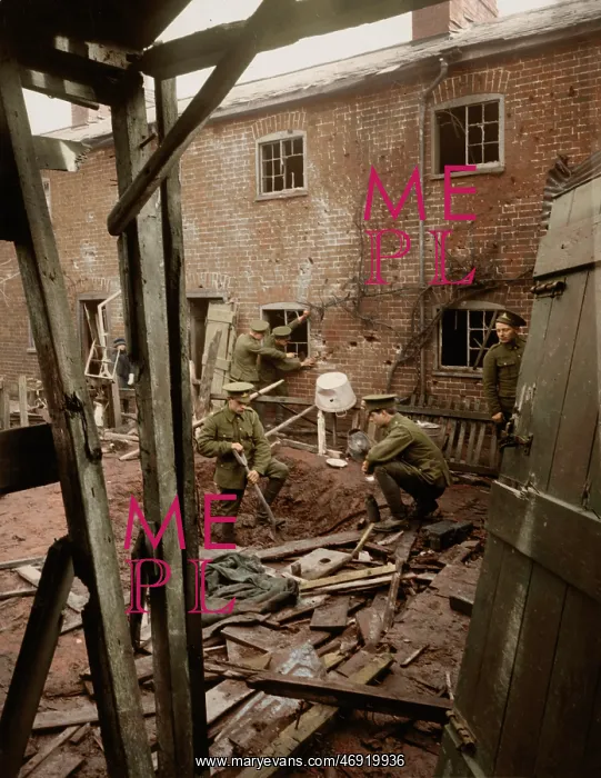 : WW1 100. WW1 - Soldiers inspect damage following a raid made by a single : WW1 100. WW1 - Soldiers inspect damage following a raid made by a single