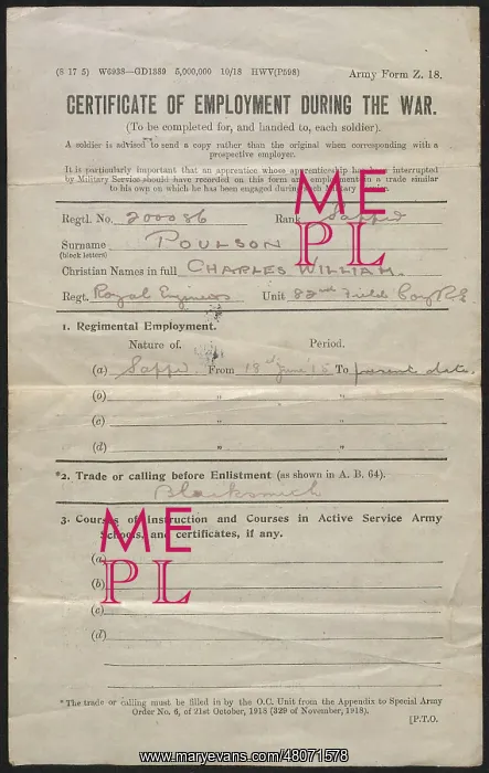 : WW1 - Certificate of Employment during the War : WW1 - Certificate of Employment during the War