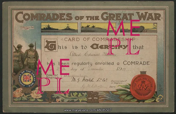 : WW1 - Comrades of the Great War, membership card : WW1 - Comrades of the Great War, membership card