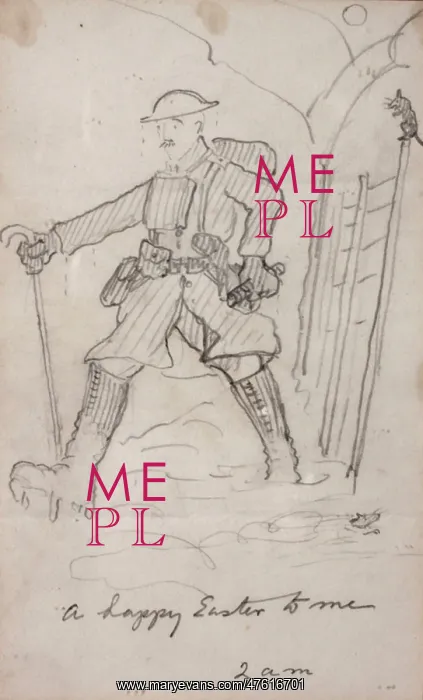 : WW1 drawing, soldier in a muddy trench : WW1 drawing, soldier in a muddy trench