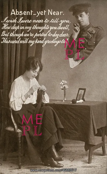 : WW1 knitting postcard - Absent yet Near : WW1 knitting postcard - Absent yet Near