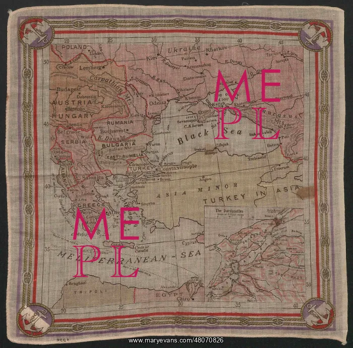 : WW1 - Map of the Mediterranean on a square of cloth : WW1 - Map of the Mediterranean on a square of cloth