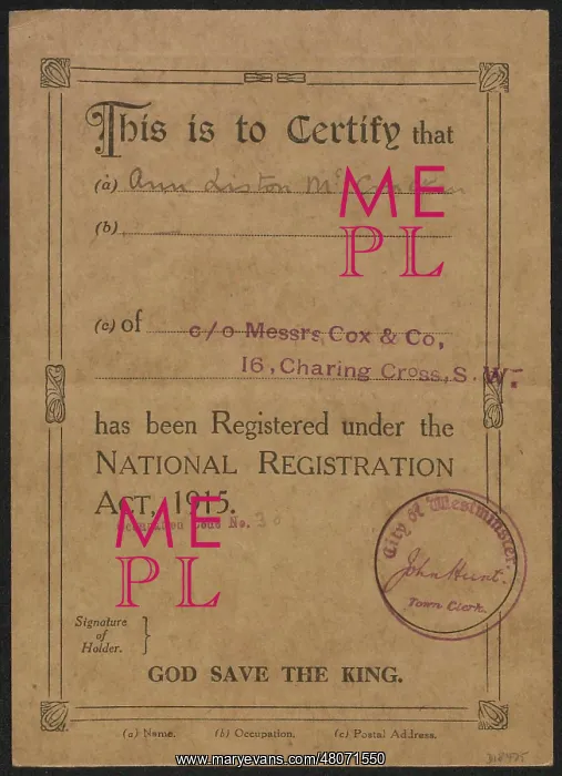 : WW1 - National Registration Card : WW1 - National Registration Card