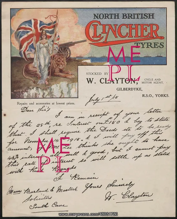 : WW1 - North British Clincher Tyres, letterhead and letter : WW1 - North British Clincher Tyres, letterhead and letter