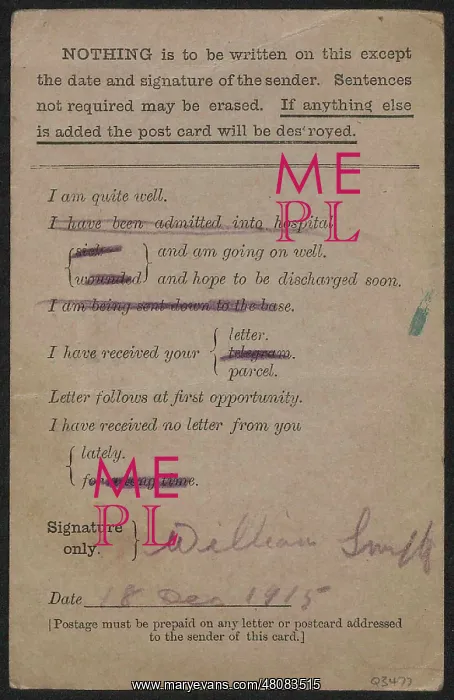: WW1 - Pre-printed postcard for servicemen : WW1 - Pre-printed postcard for servicemen