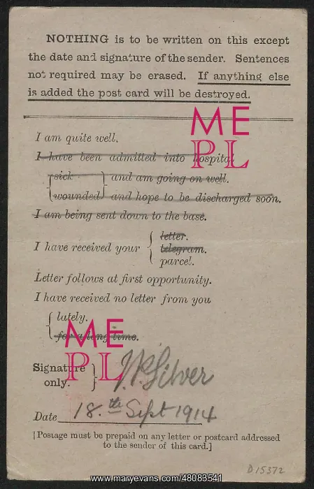 : WW1 - Pre-printed postcard for servicemen : WW1 - Pre-printed postcard for servicemen