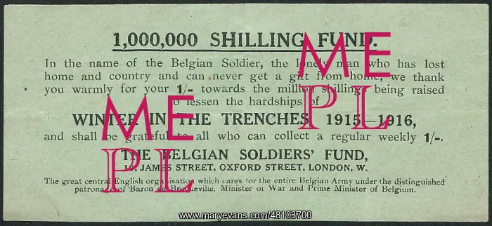 : WW1 - Receipt for donation to a Belgian soldier : WW1 - Receipt for donation to a Belgian soldier
