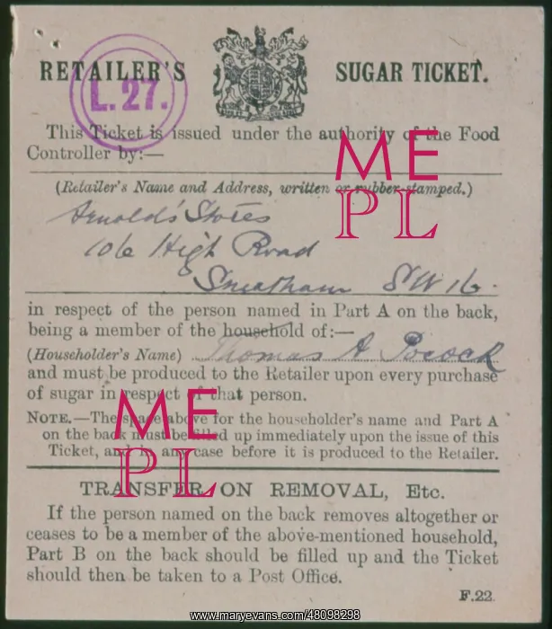 : WW1 - Retailer's Sugar Ticket : WW1 - Retailer's Sugar Ticket