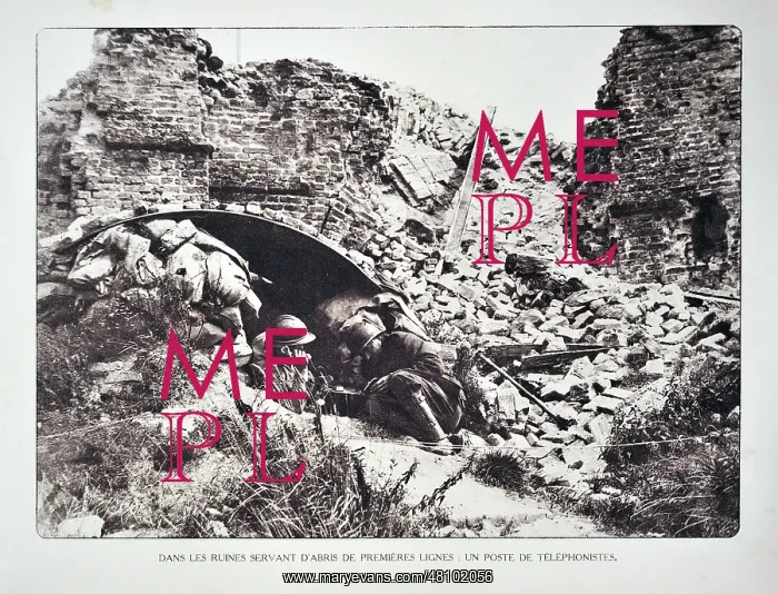 : WW1 - Soldier using telephone at observation post in ruin : WW1 - Soldier using telephone at observation post in ruin