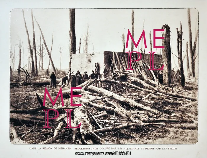 : WW1 - Soldiers standing next to bunker in bombarded forest : WW1 - Soldiers standing next to bunker in bombarded forest