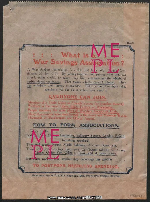 : WW1 - War Savings Certificates, paper bag : WW1 - War Savings Certificates, paper bag