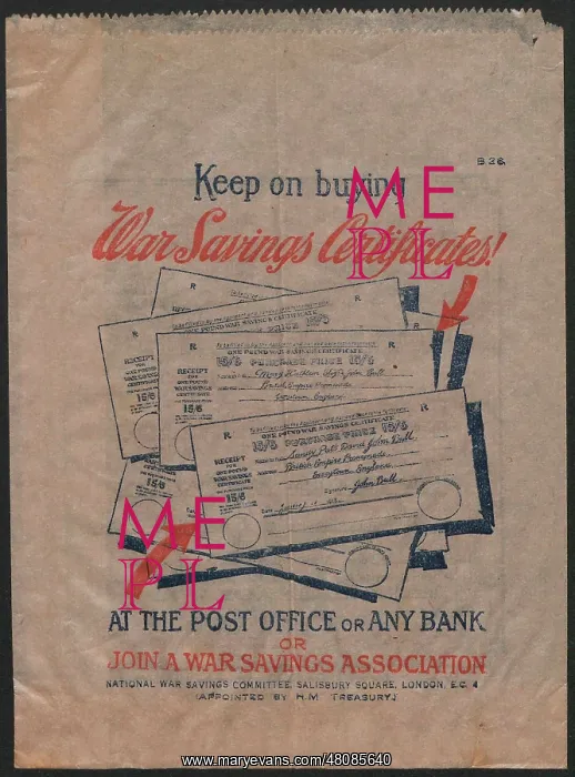: WW1 - War Savings Certificates, paper bag : WW1 - War Savings Certificates, paper bag