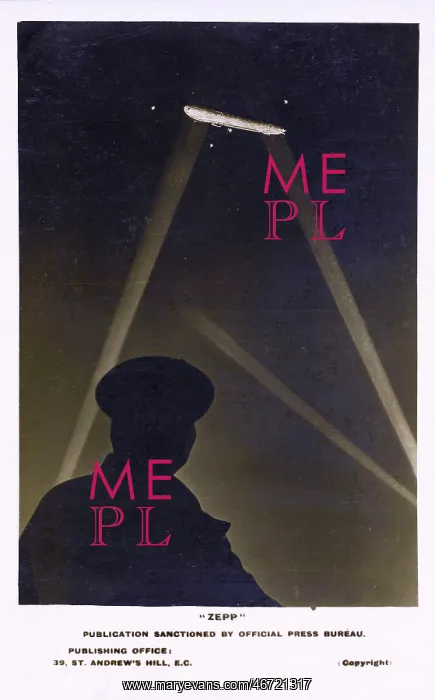 : WW1 - Zeppelin over the UK illuminated by searchlights : WW1 - Zeppelin over the UK illuminated by searchlights